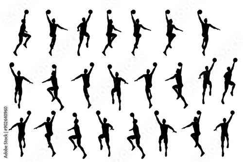 collection of different angle of silhouette male basketball player character , isolated vector for graphic resources