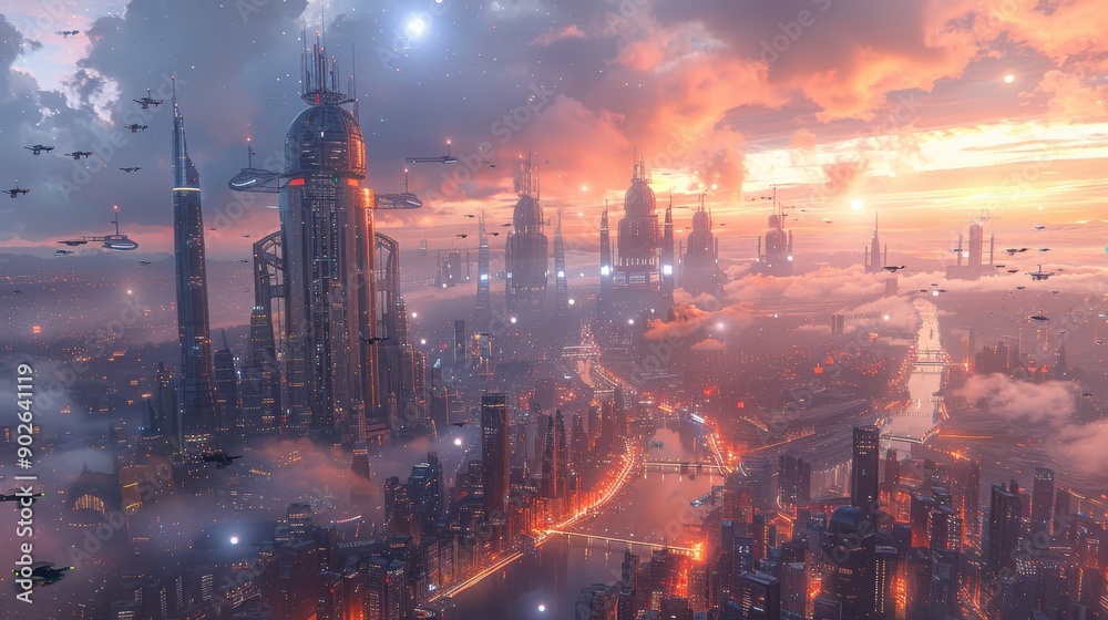 Fototapeta premium A futuristic city skyline with gleaming skyscrapers, flying drones, and holographic billboards illuminating the night sky, showcasing advanced technology and bustling urban life