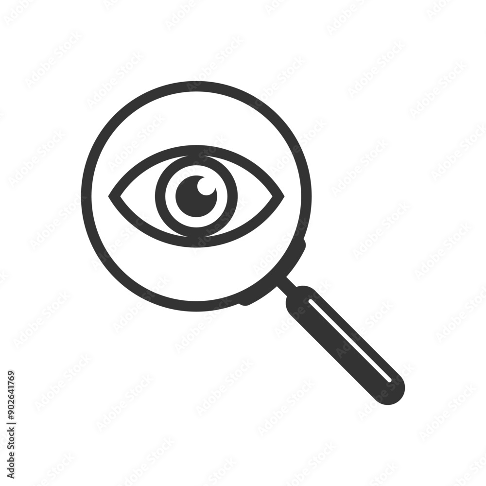Eye and magnifier glass graphic icon. Eye in magnifier isolated sign on white background. Vector illustration Eye and magnifier glass graphic icon. Eye in magnifier isolated sign on white background. Vector illustration