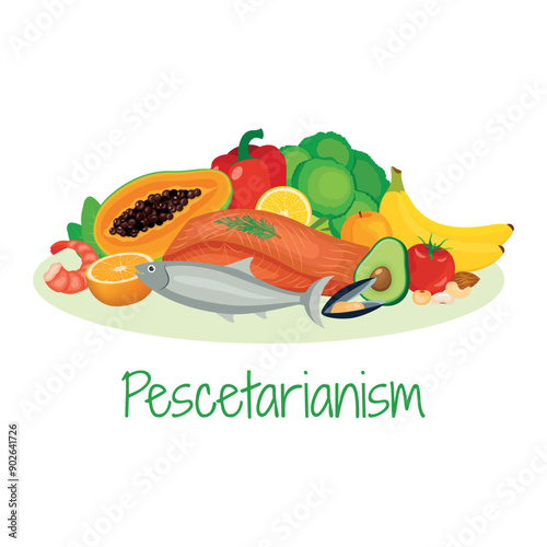 Pescetarianism diet food icon set vector. Fish, salmon fillet, seafood, fruits and vegetables vector illustration. Pile of healthy fresh food drawing. Pescatarian food icon set on a white background