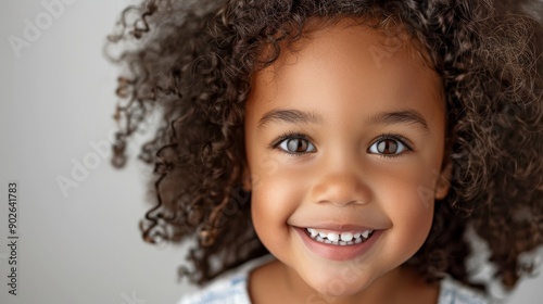 A young girl with curly hair beams with a genuine smile, radiating joy in a brightly lit studio environment