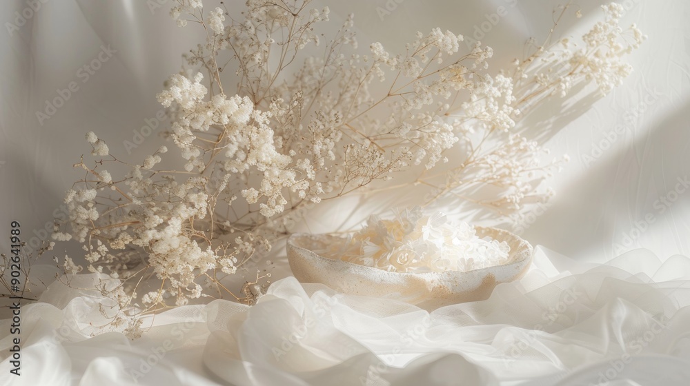 Elegant still life with white flowers and delicate fabric Elegant still life with white flowers and delicate fabric