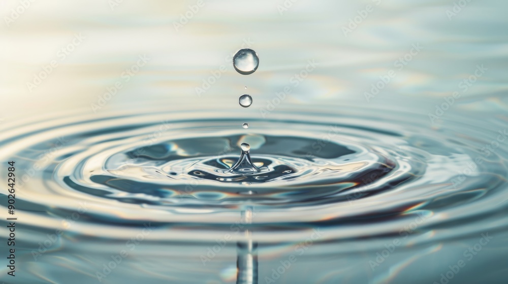 A clear water droplet cascades into a tranquil pool, generating concentric ripples that radiate outward in the soft glow of natural light A clear water droplet cascades into a tranquil pool, generating concentric ripples that radiate outward in the soft glow of natural light