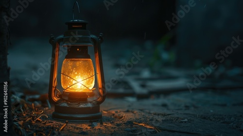 Vintage lantern glowing warmly in dark space, evoking nostalgia and simplicity © Artyom