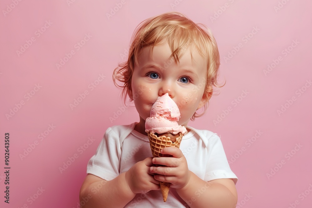 Infant's hand grasping an ice cream cone with waffles on a pink text area, Generative AI. Infant's hand grasping an ice cream cone with waffles on a pink text area, Generative AI.