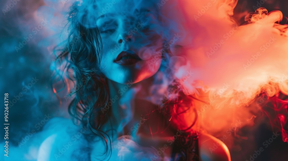 Fototapeta premium Mysterious portrait of a woman in colorful smoke