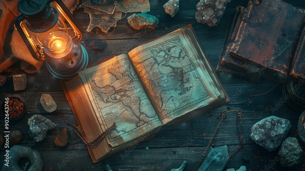 An antique wooden desk displays an open book and a glowing lantern, illuminated by the soft light, surrounded by mystical objects and crystals in a cozy, enchanting setting