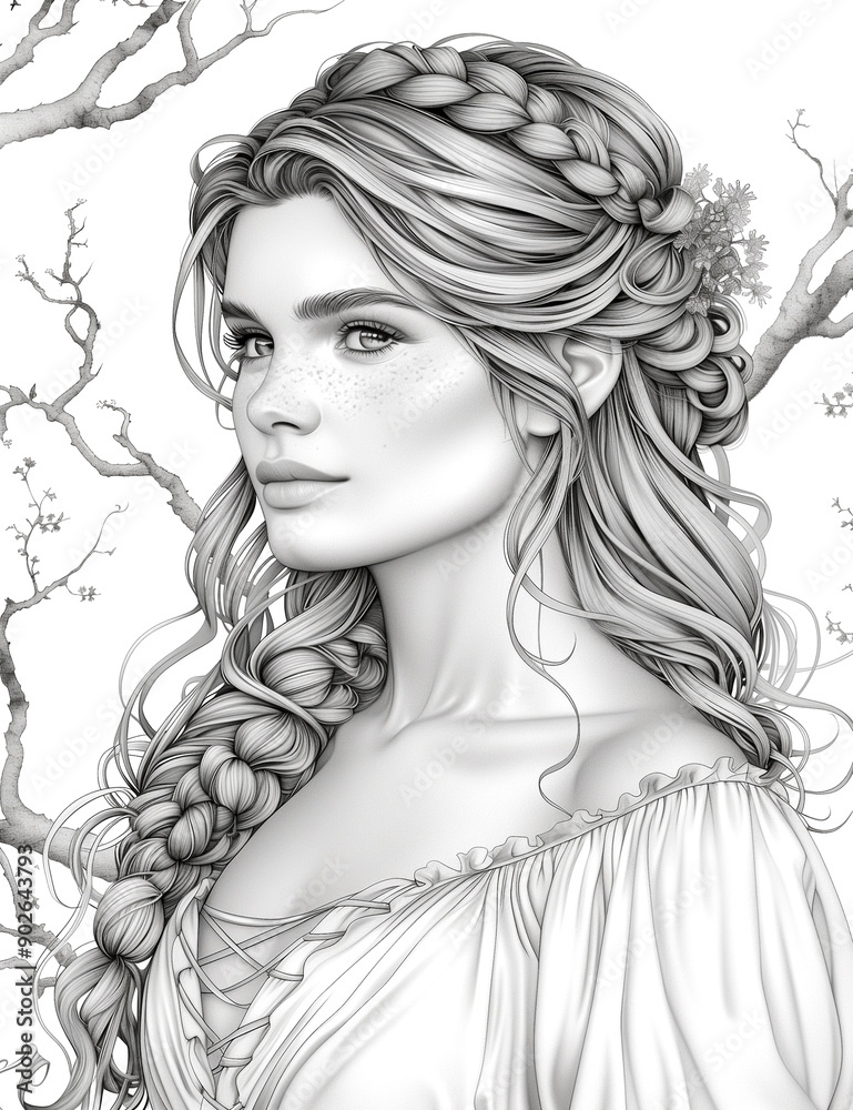A woman with long hair and a braid is sitting in front of a tree A woman with long hair and a braid is sitting in front of a tree
