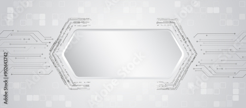 Digital communication, data protection, futuristic presentation, scientific cover. Abstract grey high tech background consisting of hexagon and other technological elements.