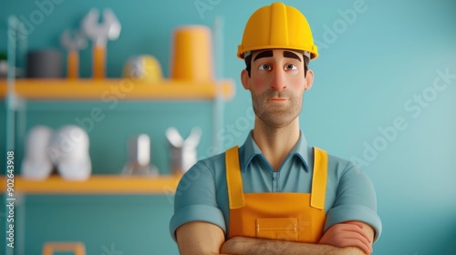 Animated 3D character of a friendly construction worker wearing a hard hat and holding various building tools standing in a workshop environment with shelves and a blue background photo