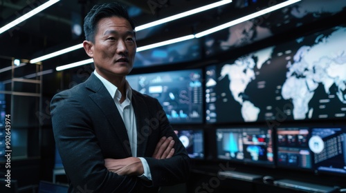 Wallpaper Mural Businessman in a futuristic control room, surrounded by large digital screens displaying data and global maps. Torontodigital.ca