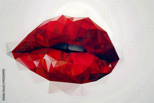 An illustration of red lips in low poly style on a white background. The design uses geometric shapes and clean lines to create a modern and artistic representation of lips, emphasizing their vibrant 