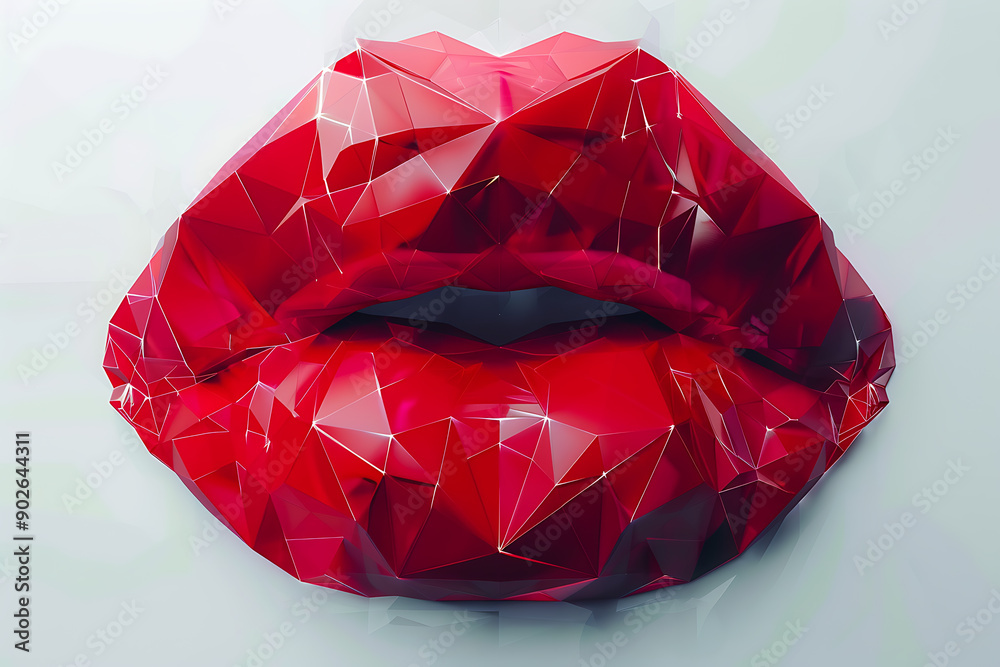 An illustration of red lips in low poly style on a white background. The design uses geometric shapes and clean lines to create a modern and artistic representation of lips, emphasizing their vibrant An illustration of red lips in low poly style on a white background. The design uses geometric shapes and clean lines to create a modern and artistic representation of lips, emphasizing their vibrant
