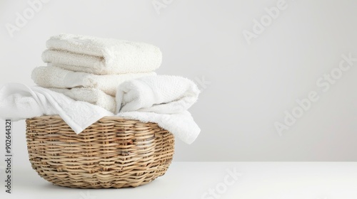 A woven basket holds a stack of neatly folded towels and linens, showcasing a tidy and organized arrangement against a clean white backdrop photo