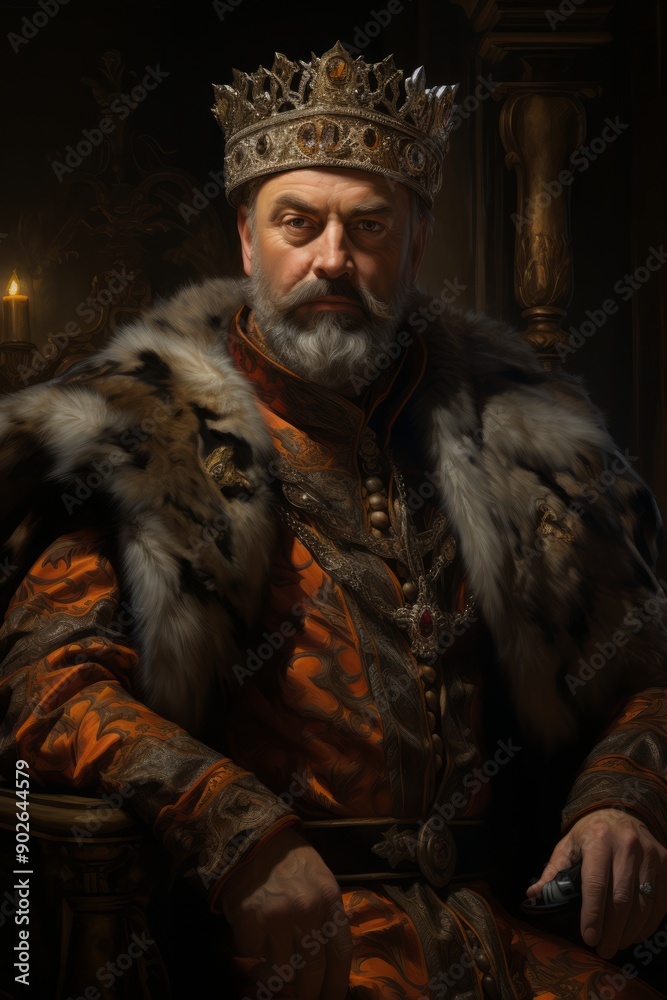 A regal Baroque-era portrait of a middle aged king A regal Baroque-era portrait of a middle aged king