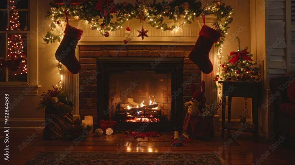 A festive atmosphere is created by a crackling fireplace, beautifully dressed with stockings, surrounded by holiday decorations and soft lighting A festive atmosphere is created by a crackling fireplace, beautifully dressed with stockings, surrounded by holiday decorations and soft lighting