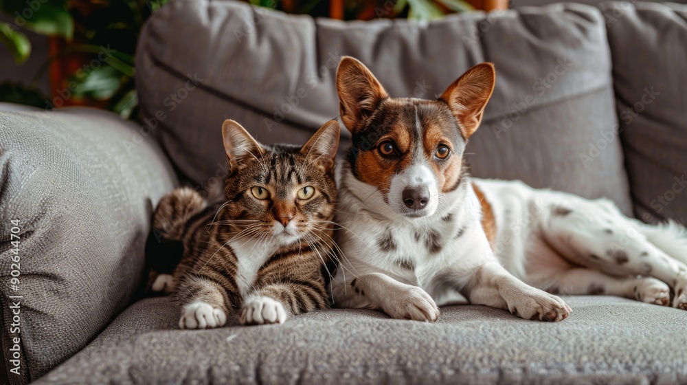 A cat and dog lie side by side on a comfortable sofa, displaying a peaceful bond in a cozy living room filled with natural light A cat and dog lie side by side on a comfortable sofa, displaying a peaceful bond in a cozy living room filled with natural light