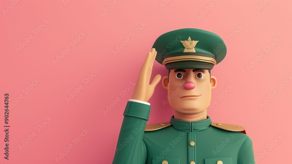 Obraz premium Disciplined 3D cartoon soldier figure in military uniform saluting with a serious expression on a vibrant pastel background showcasing depth of field effect