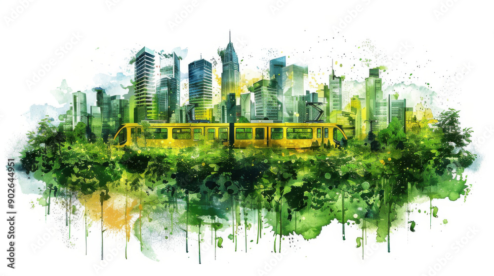 Obraz premium Artistic representation of an eco-friendly city with a green train running through lush greenery, surrounded by skyscrapers.