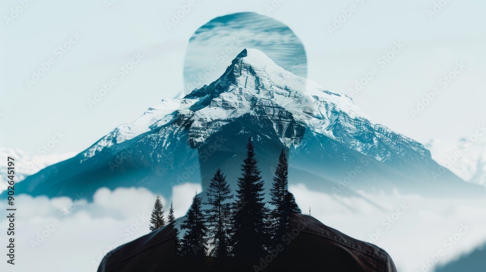 Artistic double exposure of a tour guide in a mountain forest setting ...
