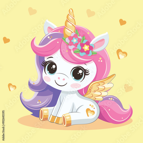 Cute modest unicorn with golden horn and wings. Vector illustration in flat cartoon style