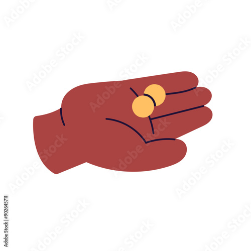 Hand holding gold coin, hand with money, thumb and forefinger with change to toss icon, fingers with money symbol, financial bonus, cashback, savings, bonuses, financial help vector illustration.	
