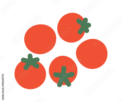 Cherry tomatoes, juicy ripe tomatoes, vegetarian organic food, healthy small veggies, fresh whole tomato vegetables, healthy nutrition food, natural source of vitamins flat vector illustration.	
