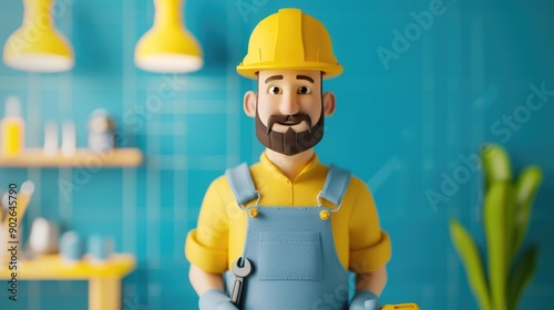 Detailed 3D Cartoon of Electrician Character Wearing Uniform and Hardhat Repairing or Installing Light Fixture in Workshop Environment with Tools and Equipment