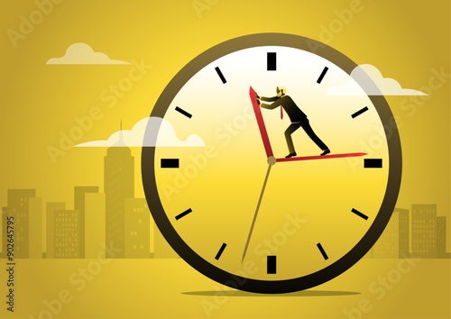 Businessman standing on clock hour hand manage to push back 