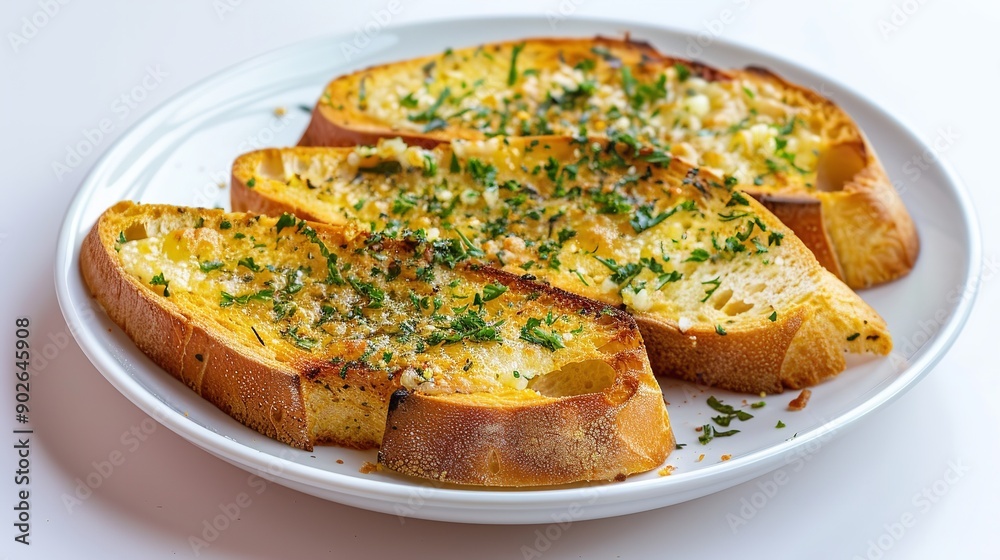 On a white background, garlic bread on a plate, Generative AI. On a white background, garlic bread on a plate, Generative AI.