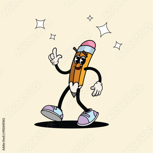 Back to school walking funny retro groovy pencil character. Best for school, educational creativity designs. Vector illustration.