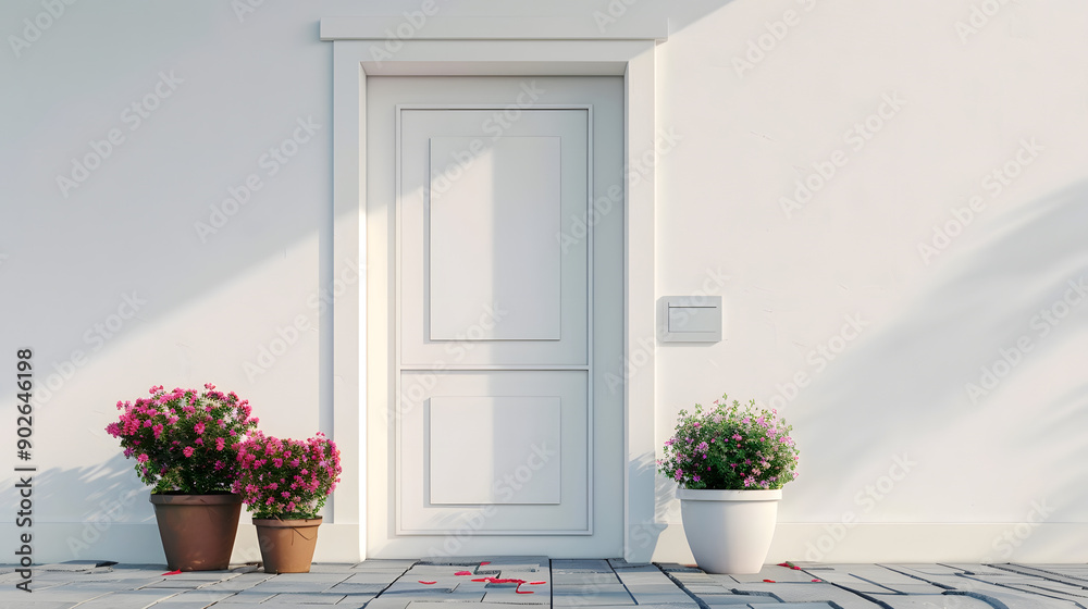 White Front Door with Flower Pots. White Front Door with Flower Pots.