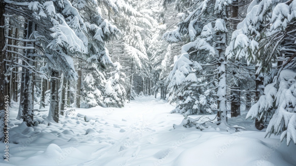 A peaceful forest trail is enveloped in a thick layer of fresh snow, with trees heavily blanketed, creating a serene winter atmosphere A peaceful forest trail is enveloped in a thick layer of fresh snow, with trees heavily blanketed, creating a serene winter atmosphere