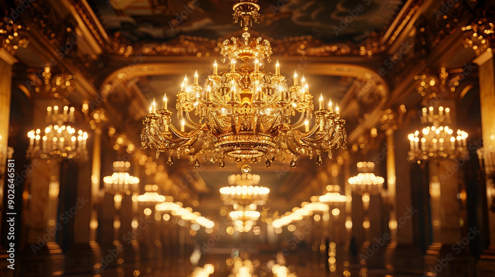 A long hallway with gold chandeliers hanging from the ceiling A long hallway with gold chandeliers hanging from the ceiling