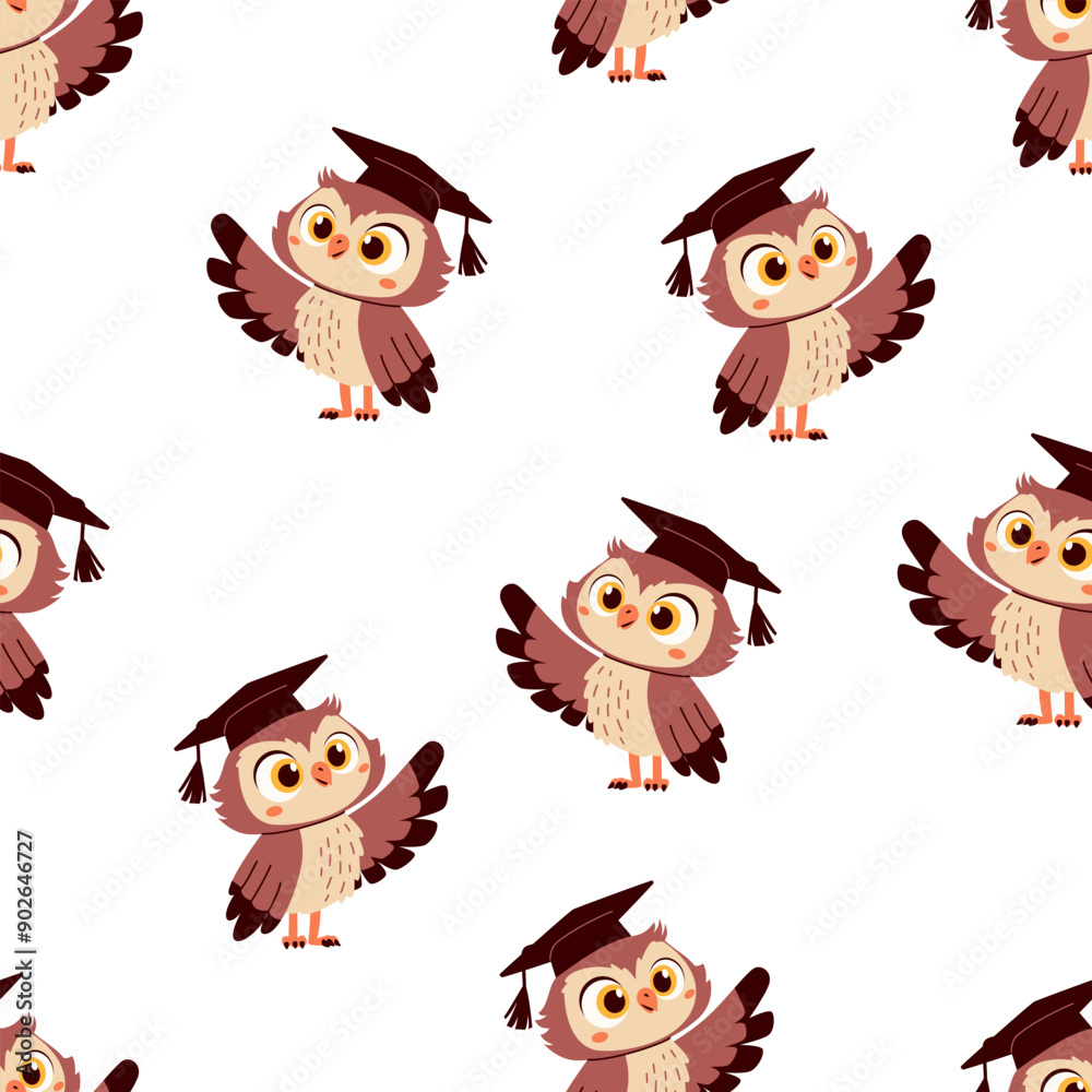 Seamless vector pattern on white background. Cute owl in graduation cap. Vector illustration Seamless vector pattern on white background. Cute owl in graduation cap. Vector illustration