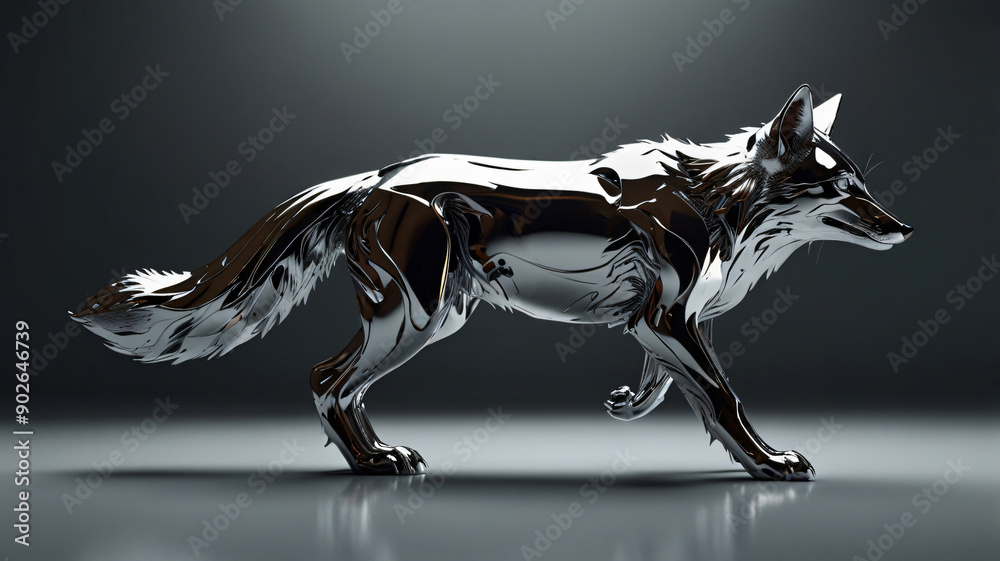 A fox liquid chrome effect with combining sleek and shiny metallic surfaces A fox liquid chrome effect with combining sleek and shiny metallic surfaces
