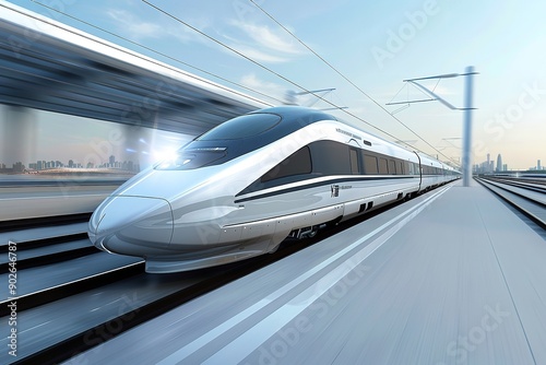 Travel brochures, contemporary transportation, and technology themes would all benefit from this high-speed train in motion, Generative AI.