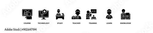 Online education banner web icon vector illustration concept with icon of course, technology, study, teacher, training, learn and knowledge
