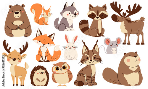 Set of flat vector illustrations. Forest animals, bear mouse hare elk deer hedgehog fox squirrel raccoon beaver lynx owl. Vector illustration