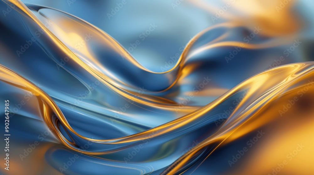 Naklejka premium Abstract background with blue golden liquid glossy waves. Generative AI