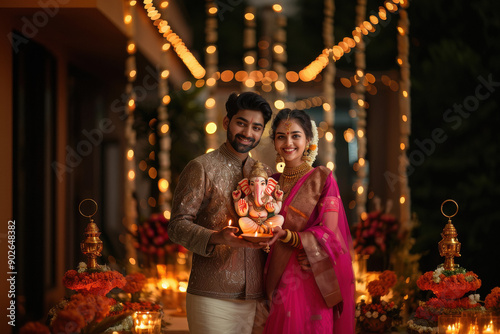 Young indian couple holding lord ganesha sculpture. celebrating lord ganesha festival. photo