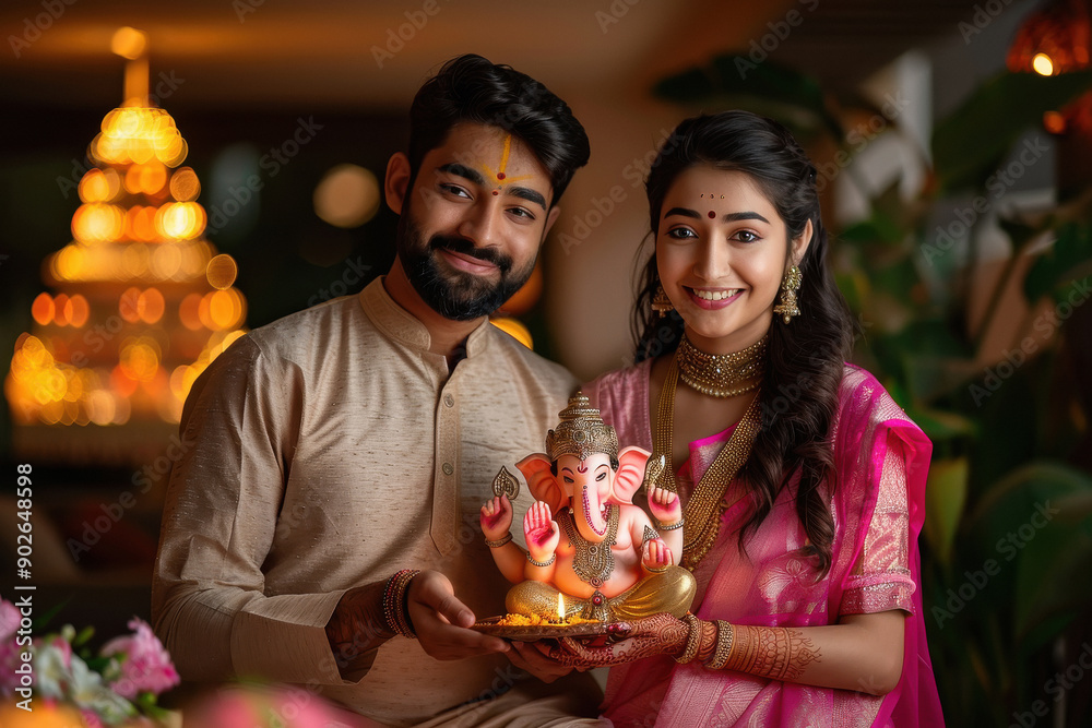 Young indian couple holding lord ganesha sculpture. celebrating lord ganesha festival. Young indian couple holding lord ganesha sculpture. celebrating lord ganesha festival.