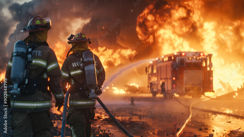 Fototapeta premium Team of firefighters extinguishing blazing flames