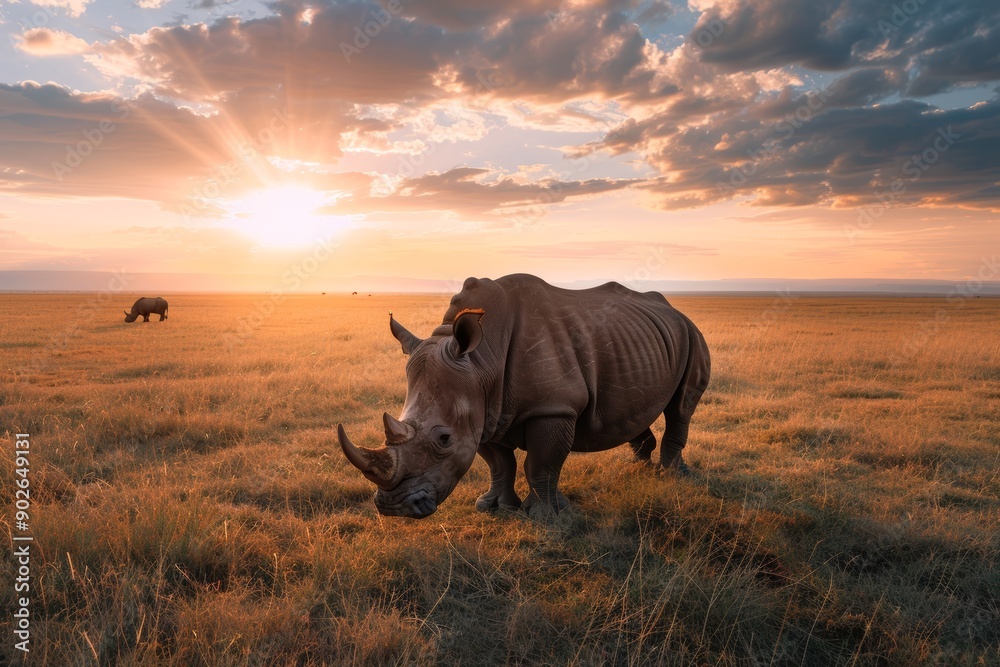 Obraz premium Northern white rhinos grazing at sunset
