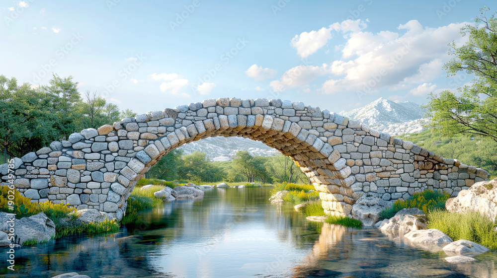 A picturesque stone bridge arches gracefully over a tranquil river, surrounded by lush greenery and a serene landscape. A picturesque stone bridge arches gracefully over a tranquil river, surrounded by lush greenery and a serene landscape.