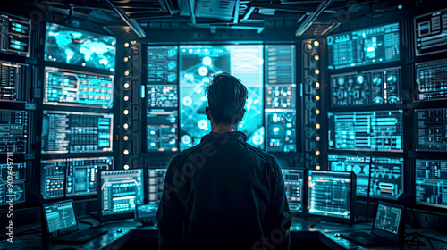 A focused individual analyzing data on multiple screens in a high-tech control room, showcasing digital technology and innovation.