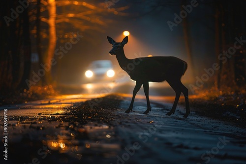 Deer silhouetted against car headlights on a dark road.