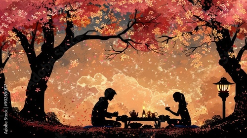 A man and a woman are sitting at a picnic table in a forest