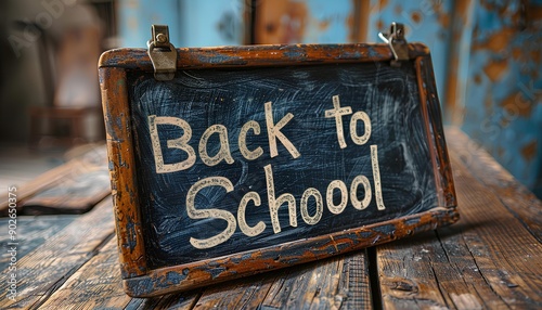 Back to school written on a blackboard with chalk for back to school concept. Stationery and classroom essentials for September education