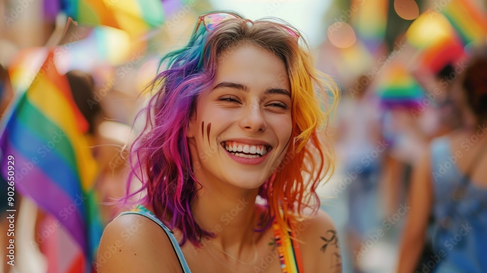 Beautiful modern girl with a big smile, taking a selfie with friends at a music festival.. Beautiful modern girl with a big smile, taking a selfie with friends at a music festival..